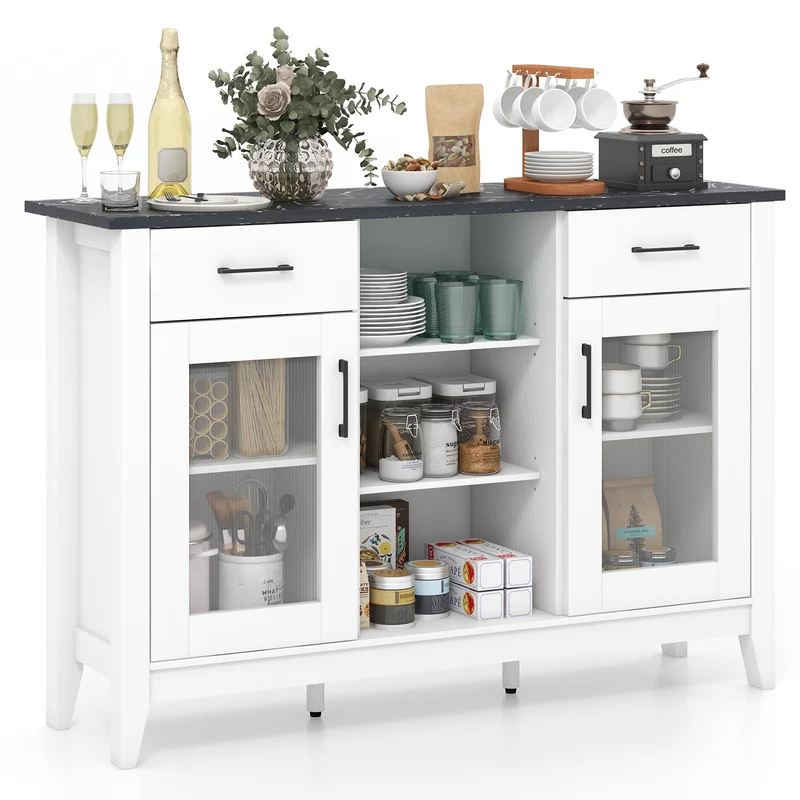 Sideboard Buffet Cabinet, 2 Drawers, 4 Adjustable Shelves, White