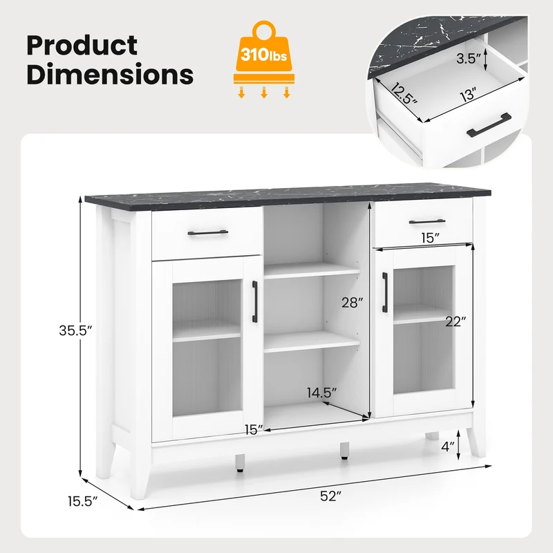 Sideboard Buffet Cabinet, 2 Drawers, 4 Adjustable Shelves, White