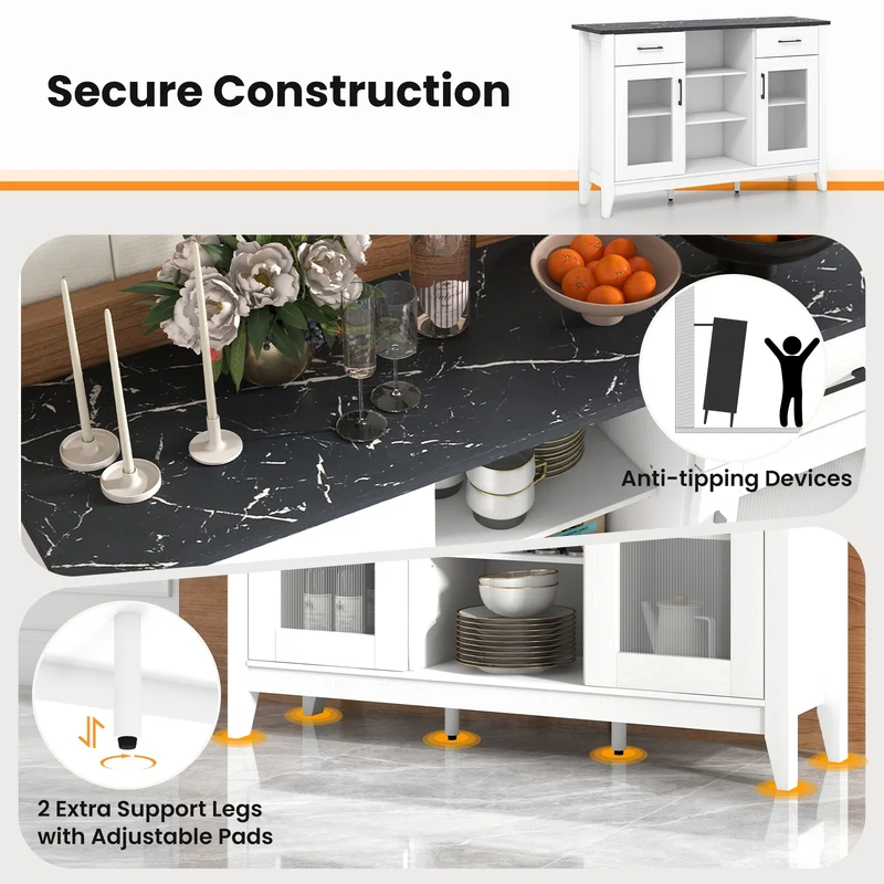 Sideboard Buffet Cabinet, 2 Drawers, 4 Adjustable Shelves, White