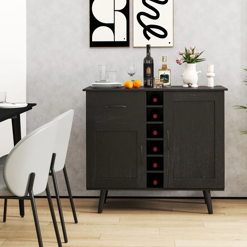 Modern Wine Bar Buffet Cabinet, 6-Bottle Wine Rack, Black