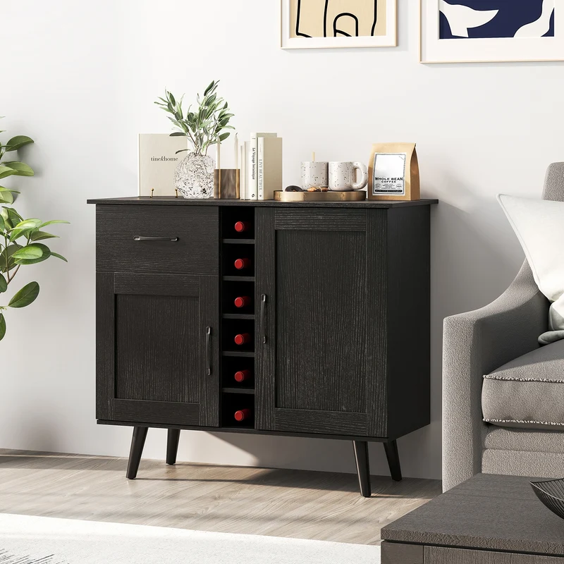 Modern Wine Bar Buffet Cabinet, 6-Bottle Wine Rack, Black