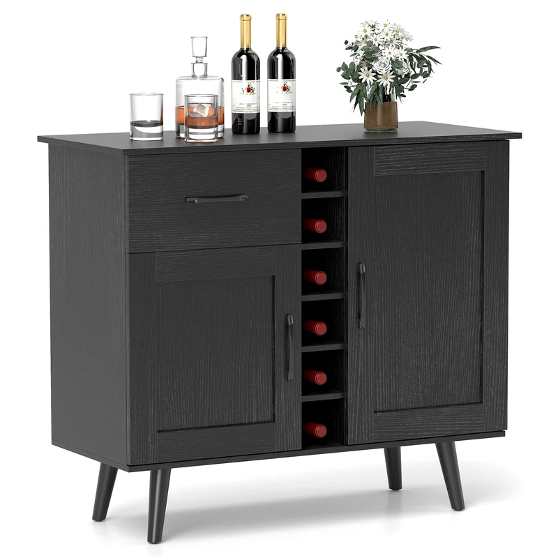 Modern Wine Bar Buffet Cabinet, 6-Bottle Wine Rack, Black