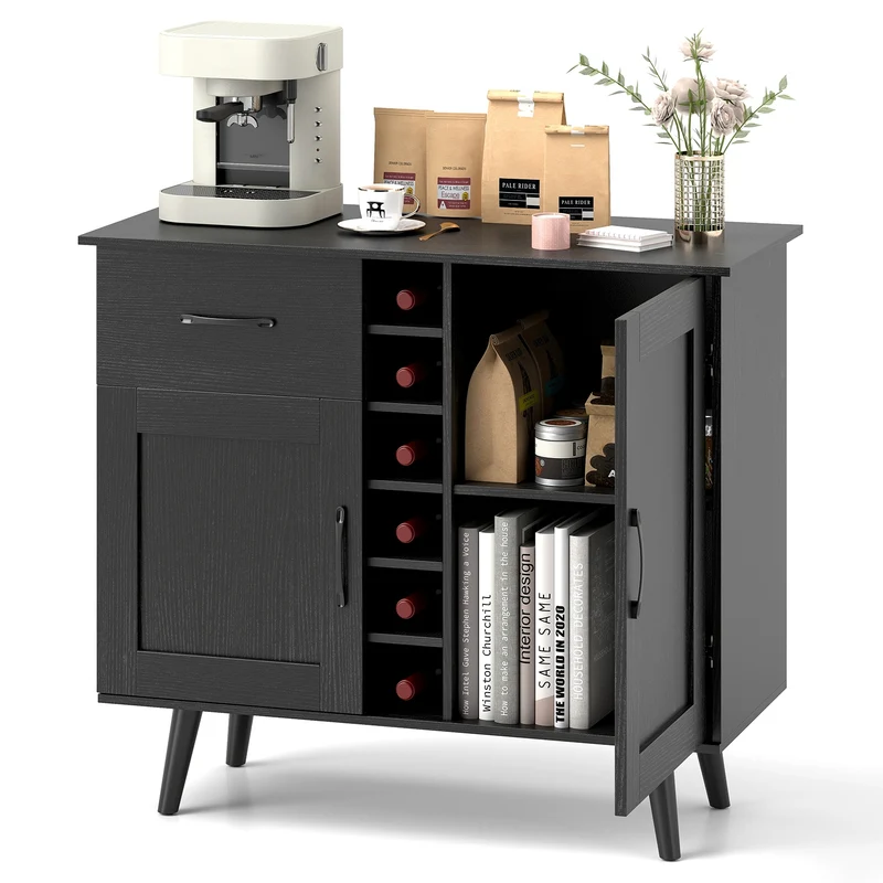 Modern Wine Bar Buffet Cabinet, 6-Bottle Wine Rack, Black