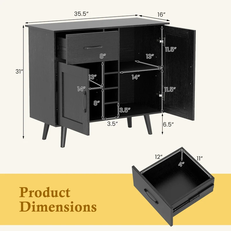 Modern Wine Bar Buffet Cabinet, 6-Bottle Wine Rack, Black