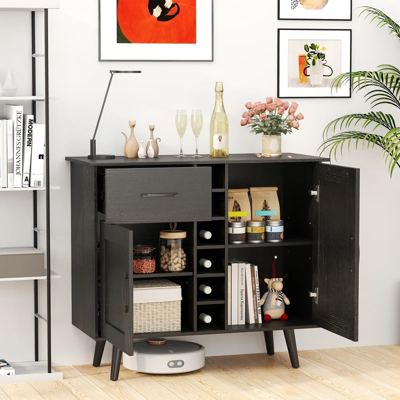 Modern Wine Bar Buffet Cabinet, 6-Bottle Wine Rack, Black