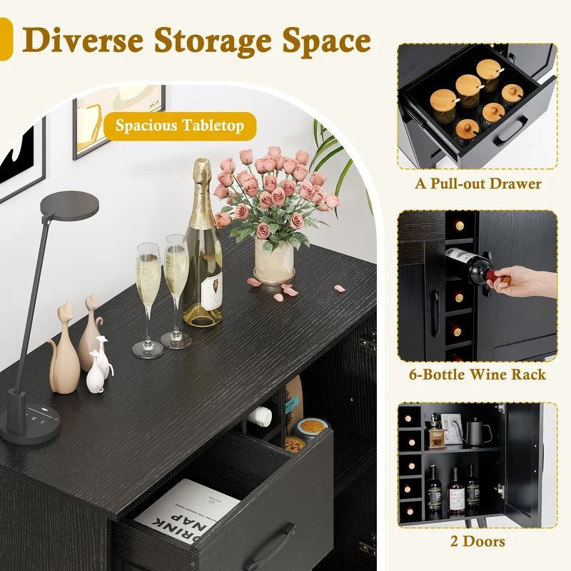 Modern Wine Bar Buffet Cabinet, 6-Bottle Wine Rack, Black