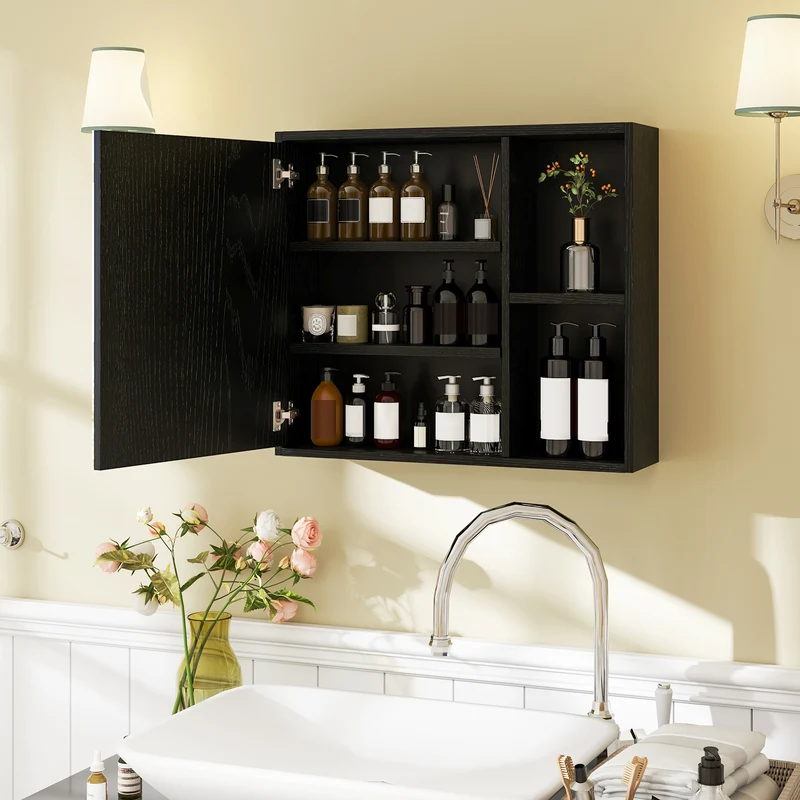 Bathroom Medicine Cabinet, Single Mirror Door, Black