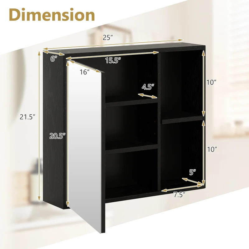 Bathroom Medicine Cabinet, Single Mirror Door, Black