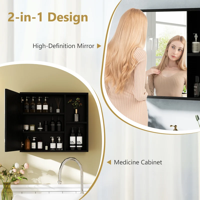 Bathroom Medicine Cabinet, Single Mirror Door, Black