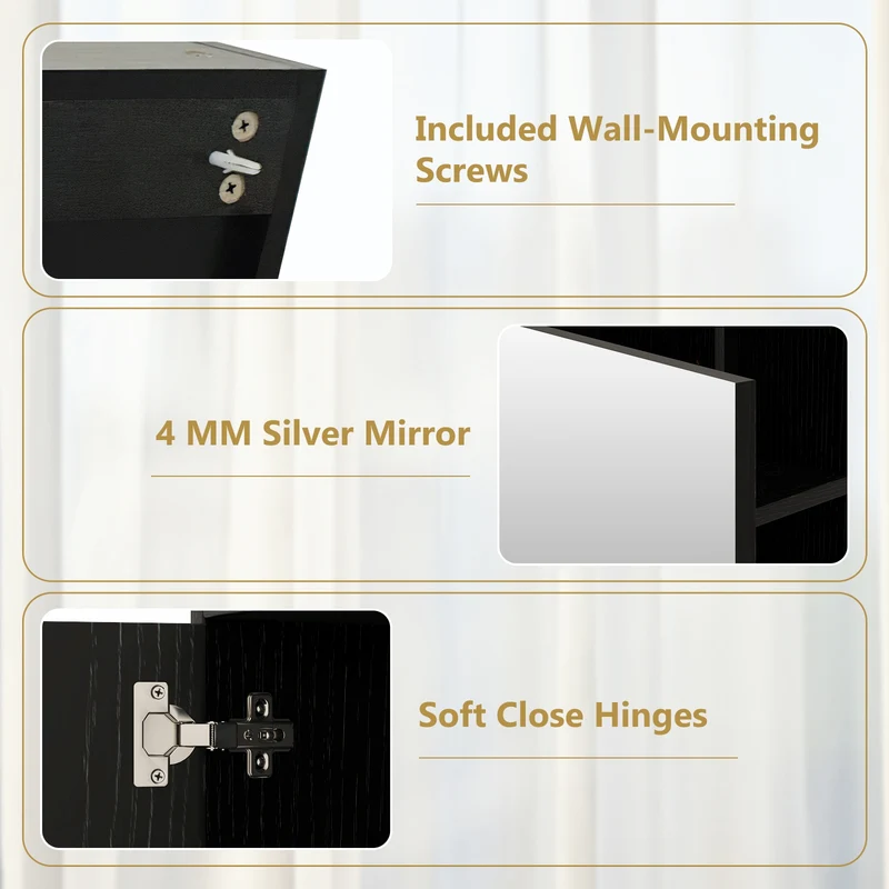 Bathroom Medicine Cabinet, Single Mirror Door, Black