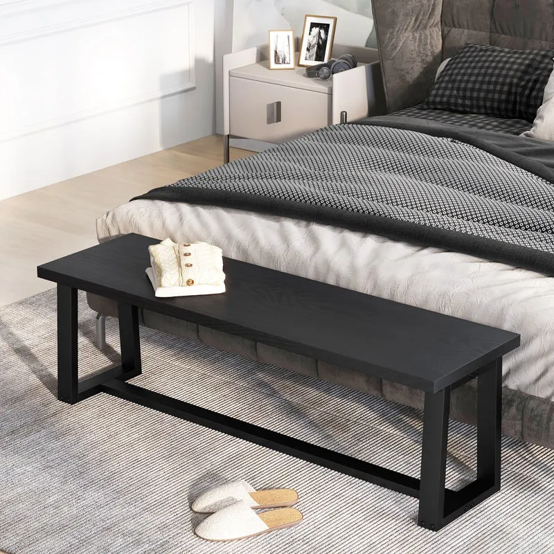 Wood Dining Bench With Metal Frame, Adjustable Footpads, Black