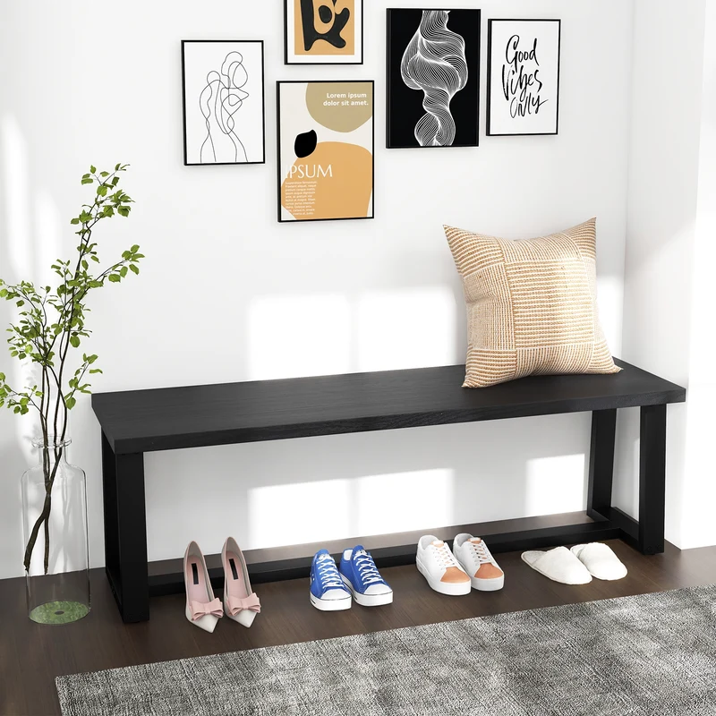 Wood Dining Bench With Metal Frame, Adjustable Footpads, Black
