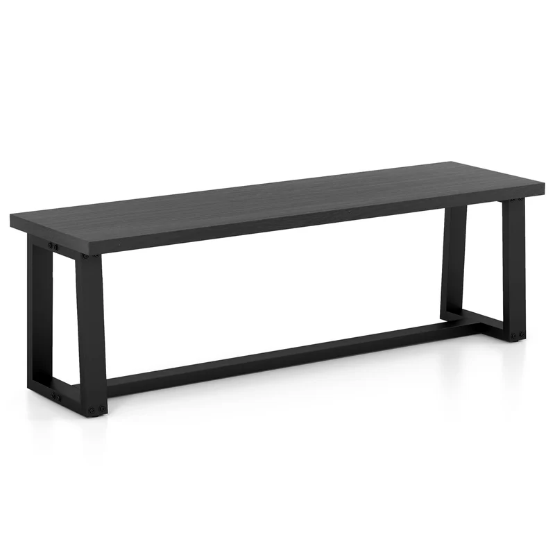 Wood Dining Bench With Metal Frame, Adjustable Footpads, Black