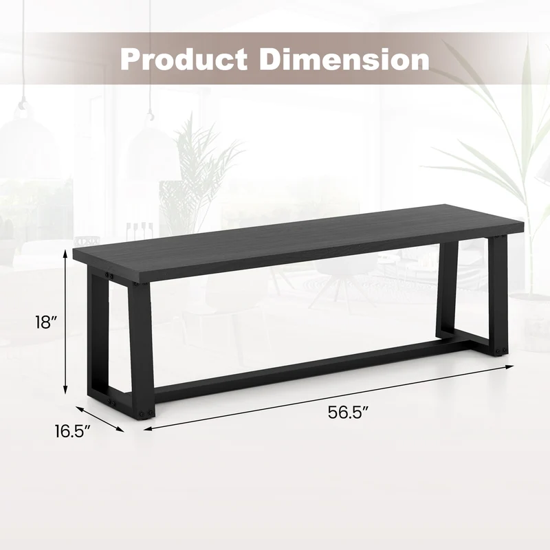 Wood Dining Bench With Metal Frame, Adjustable Footpads, Black