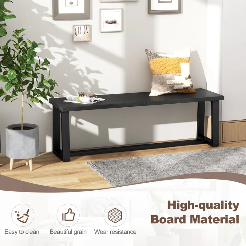 Wood Dining Bench With Metal Frame, Adjustable Footpads, Black