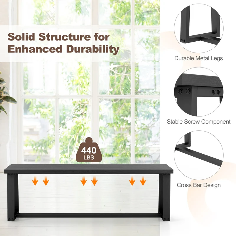 Wood Dining Bench With Metal Frame, Adjustable Footpads, Black