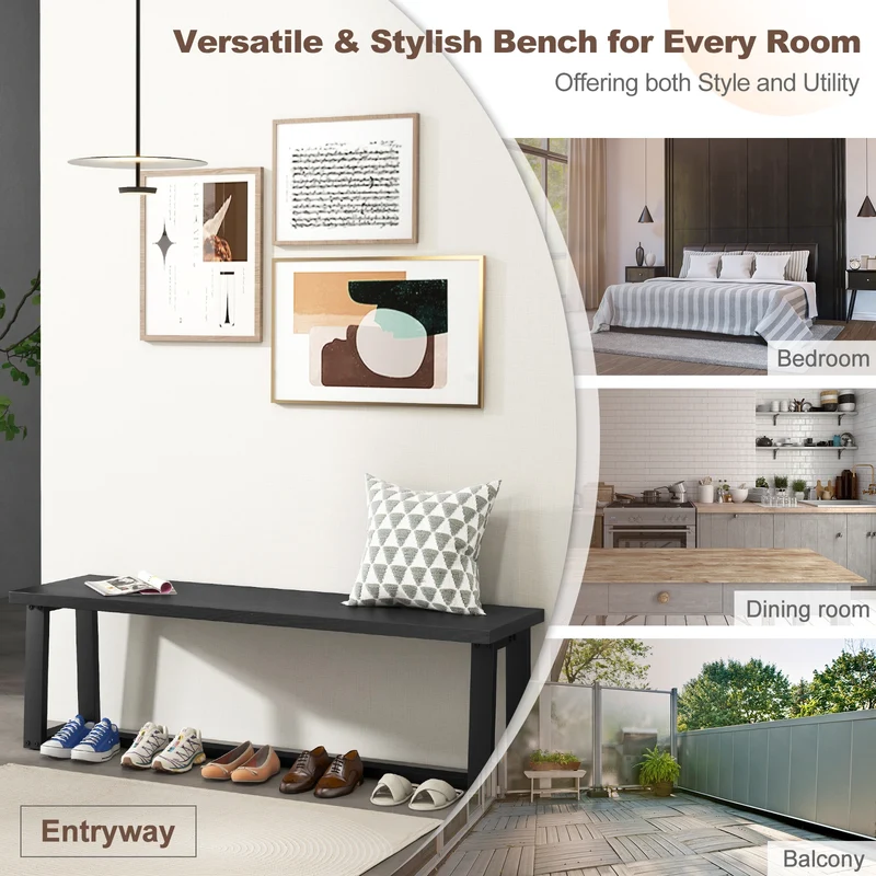 Wood Dining Bench With Metal Frame, Adjustable Footpads, Black