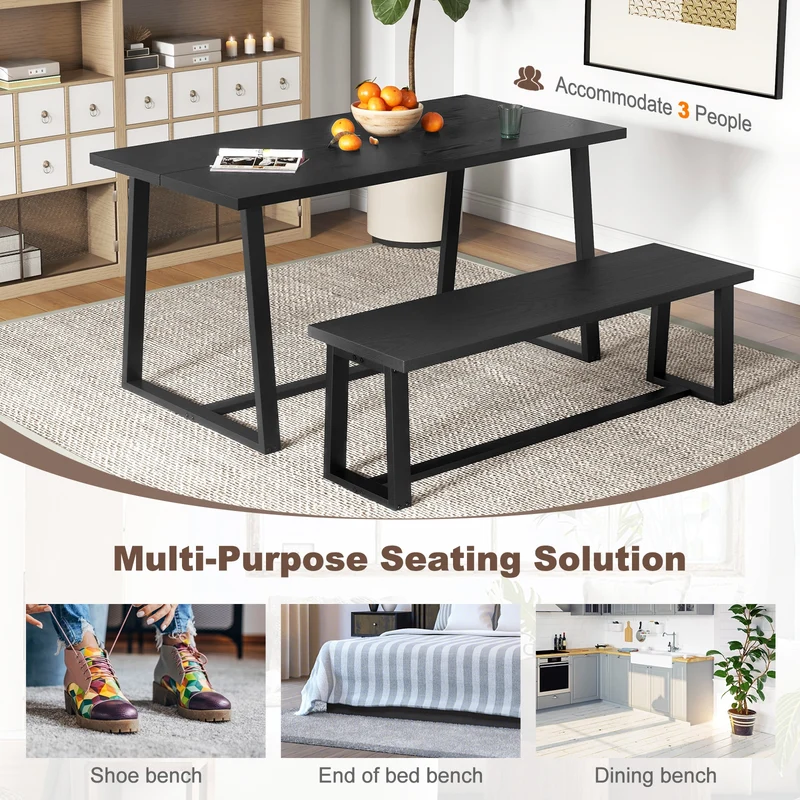 Wood Dining Bench With Metal Frame, Adjustable Footpads, Black