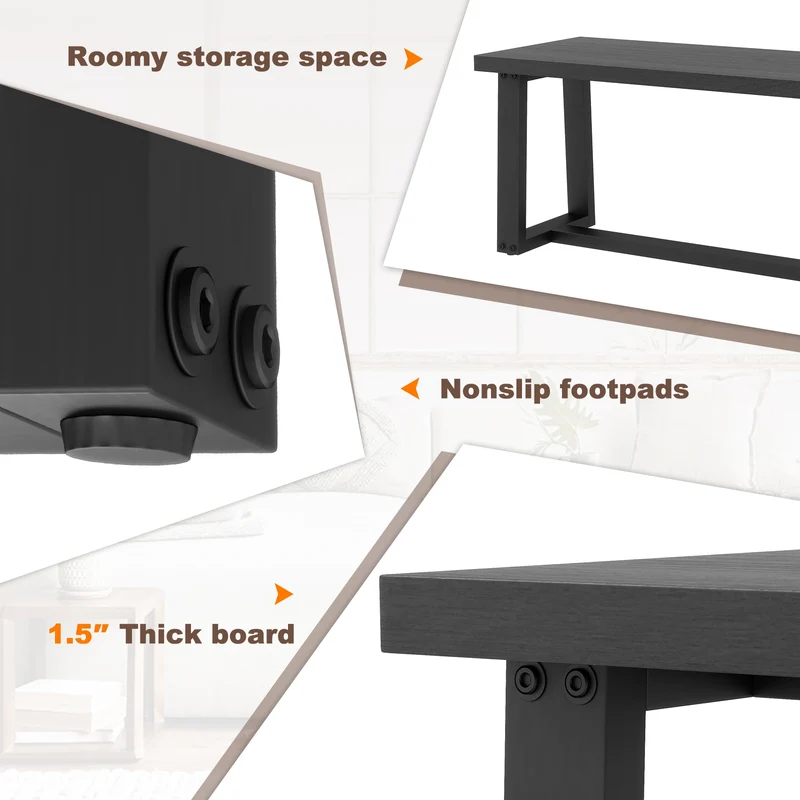 Wood Dining Bench With Metal Frame, Adjustable Footpads, Black