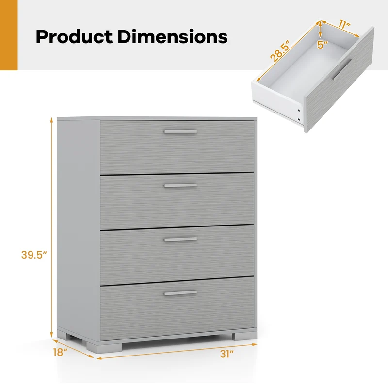 4 Drawer Storage Cabinet, Metal Legs, Anti-Toppling, Gray