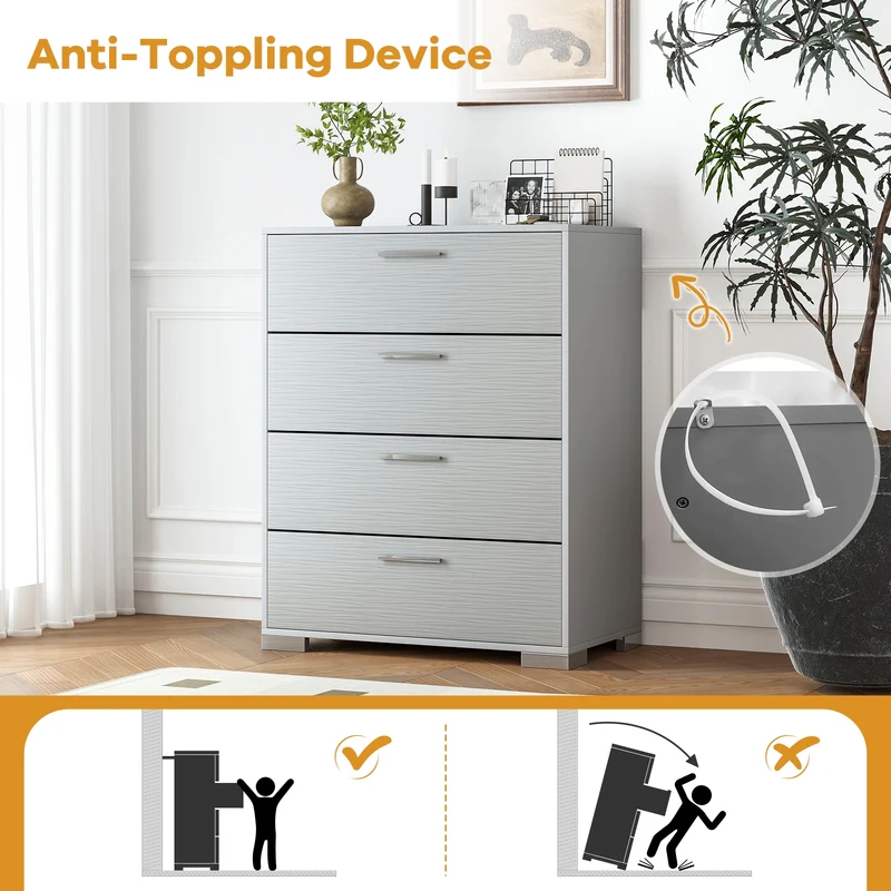 4 Drawer Storage Cabinet, Metal Legs, Anti-Toppling, Gray