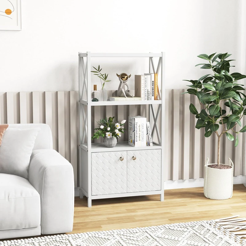 Bathroom Storage Cabinet, Open Shelves, Double Doors, White