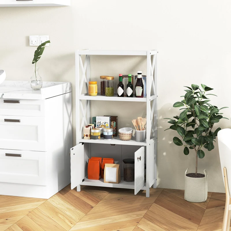 Bathroom Storage Cabinet, Open Shelves, Double Doors, White