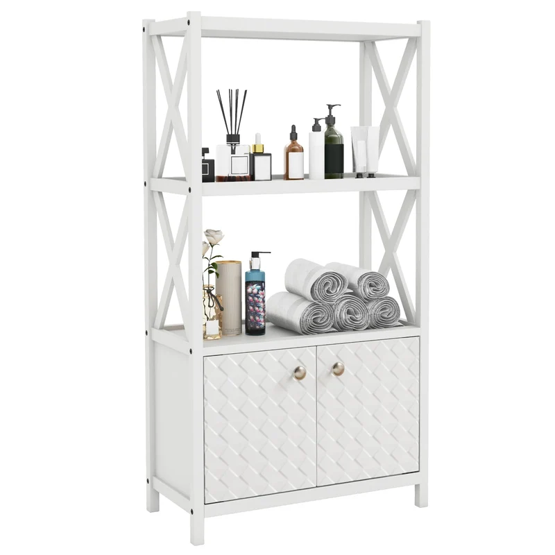 Bathroom Storage Cabinet, Open Shelves, Double Doors, White