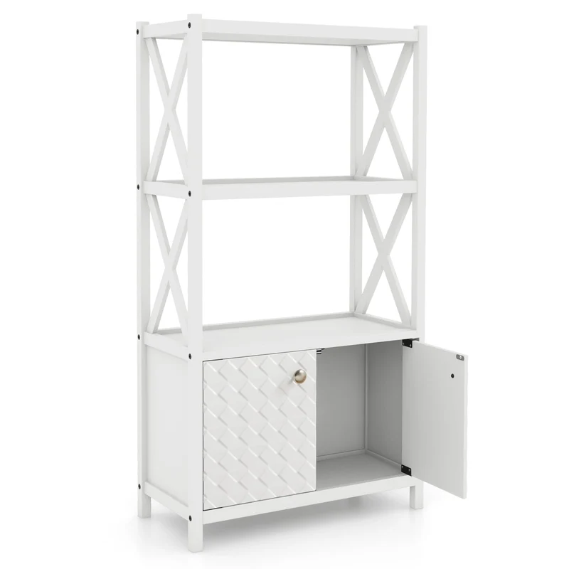 Bathroom Storage Cabinet, Open Shelves, Double Doors, White