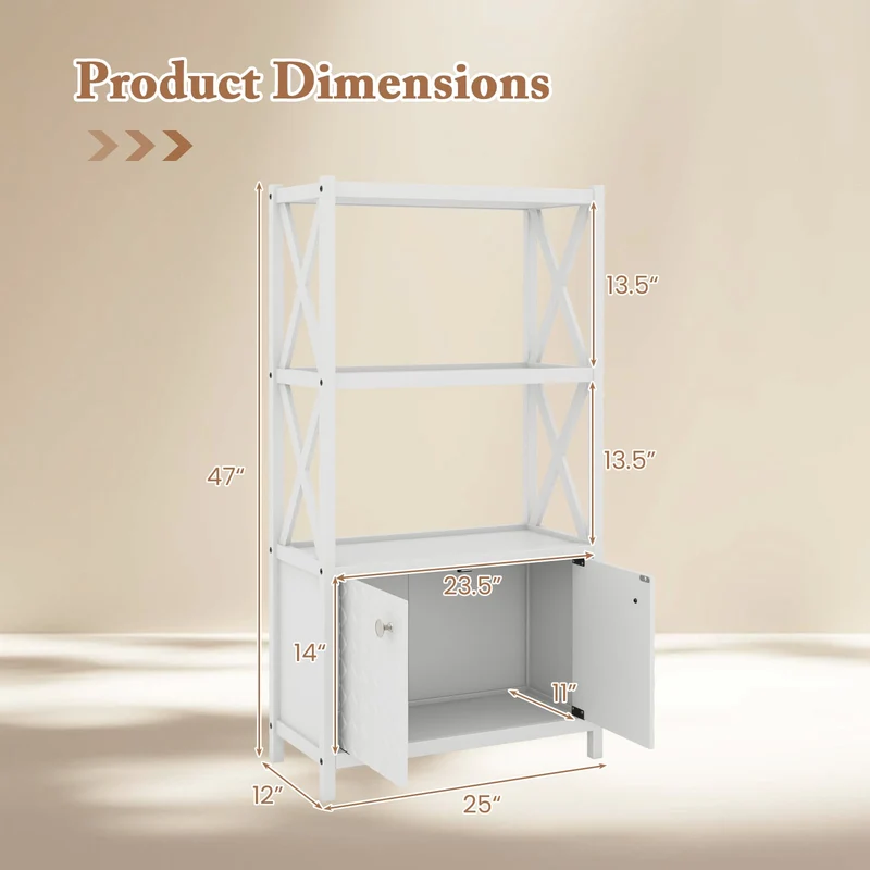 Bathroom Storage Cabinet, Open Shelves, Double Doors, White