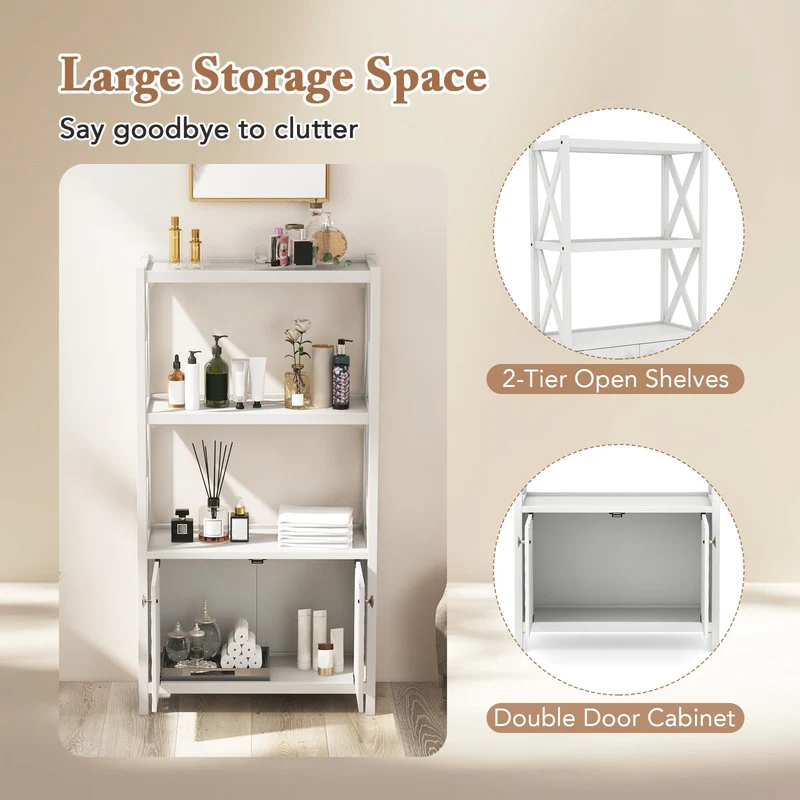 Bathroom Storage Cabinet, Open Shelves, Double Doors, White