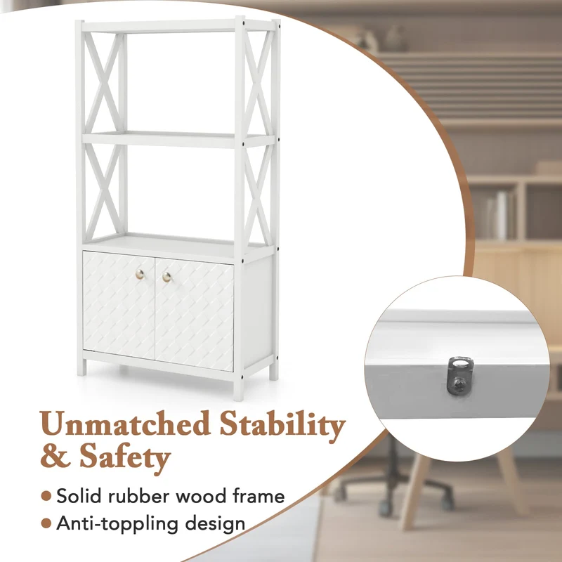 Bathroom Storage Cabinet, Open Shelves, Double Doors, White