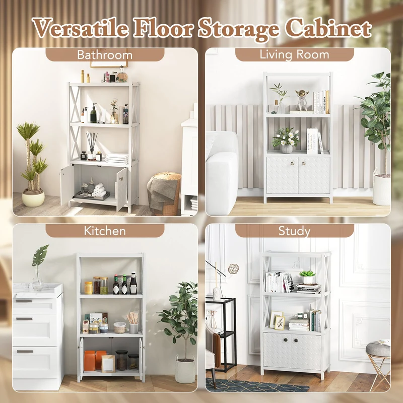 Bathroom Storage Cabinet, Open Shelves, Double Doors, White
