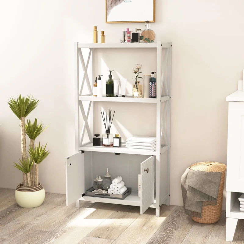 Bathroom Storage Cabinet, Open Shelves, Double Doors, White