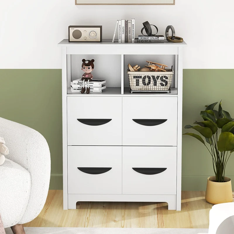 24 Inch Floor Cabinet, 2 Open Compartments, 2 Drawers, White