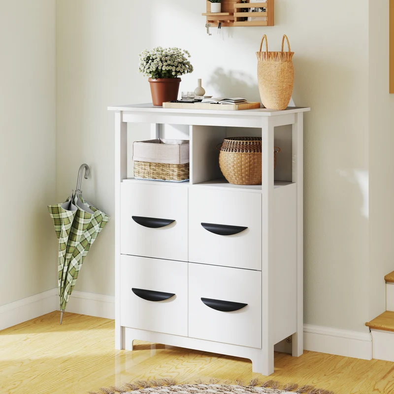 24 Inch Floor Cabinet, 2 Open Compartments, 2 Drawers, White