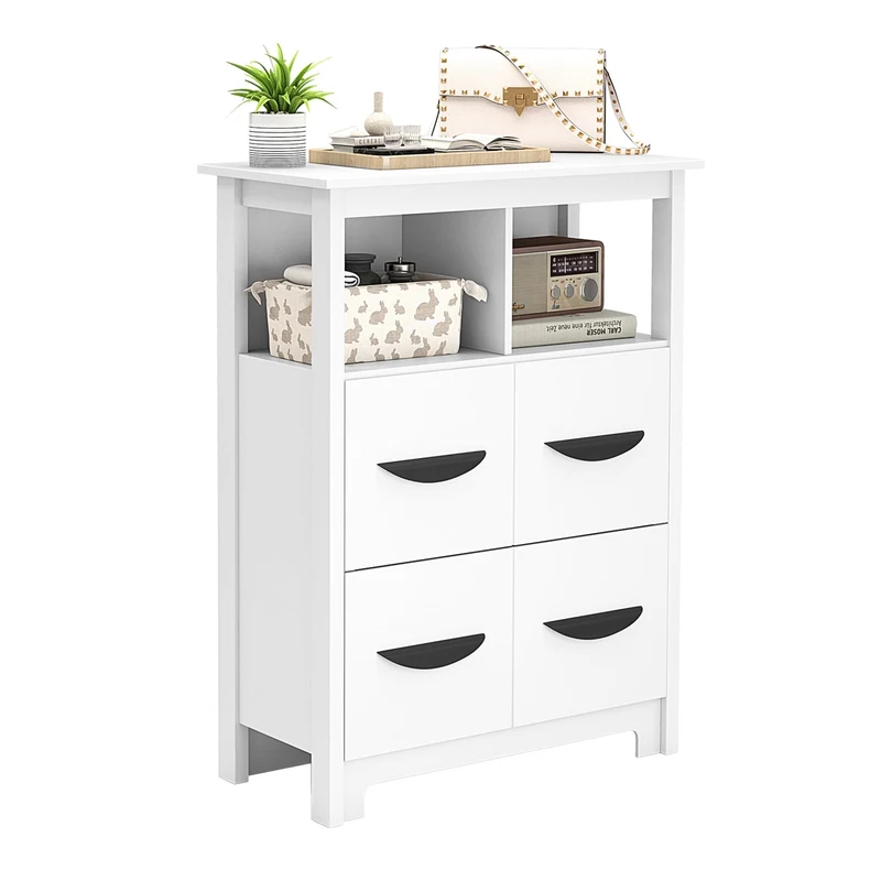 24 Inch Floor Cabinet, 2 Open Compartments, 2 Drawers, White