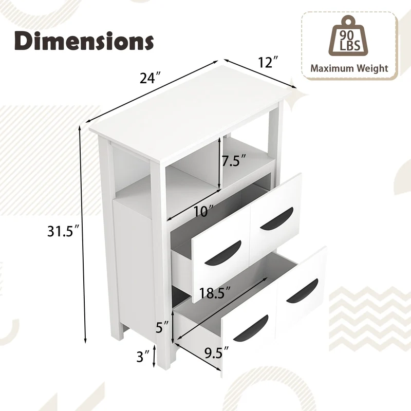 24 Inch Floor Cabinet, 2 Open Compartments, 2 Drawers, White