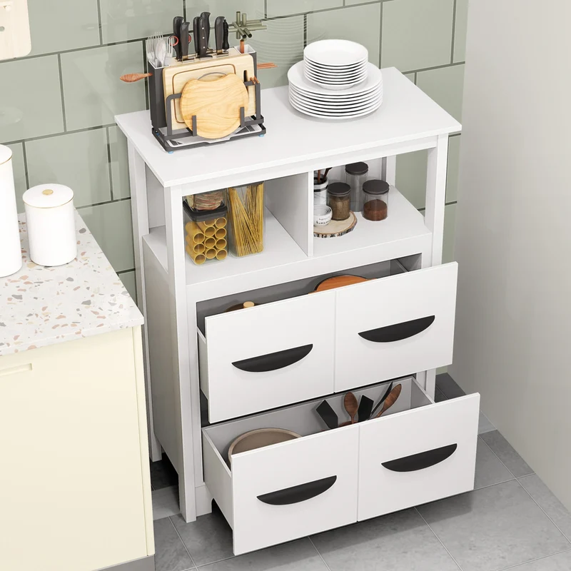 24 Inch Floor Cabinet, 2 Open Compartments, 2 Drawers, White