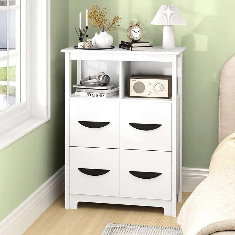 24 Inch Floor Cabinet, 2 Open Compartments, 2 Drawers, White