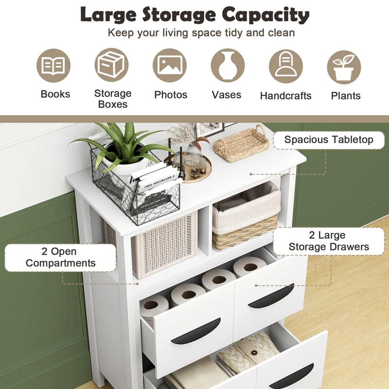 24 Inch Floor Cabinet, 2 Open Compartments, 2 Drawers, White