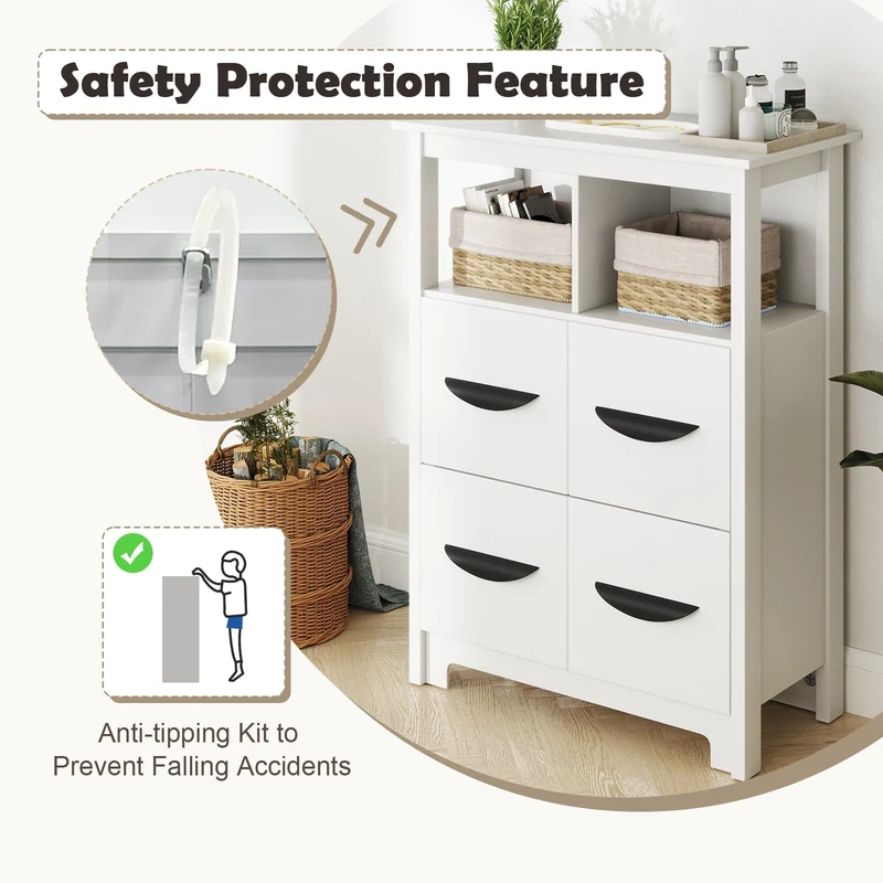 24 Inch Floor Cabinet, 2 Open Compartments, 2 Drawers, White