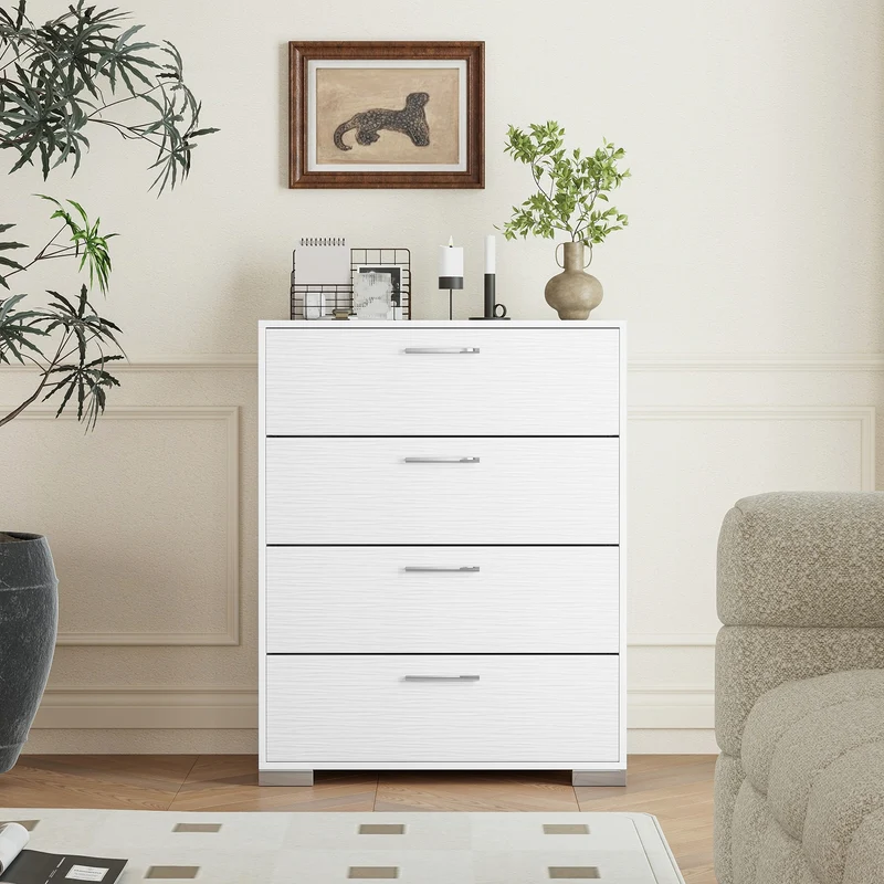 4 Drawer Storage Cabinet, Metal Legs Handles, White