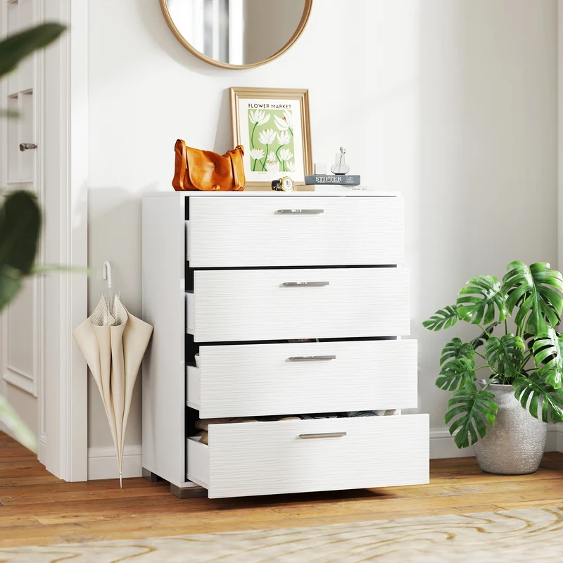 4 Drawer Storage Cabinet, Metal Legs Handles, White
