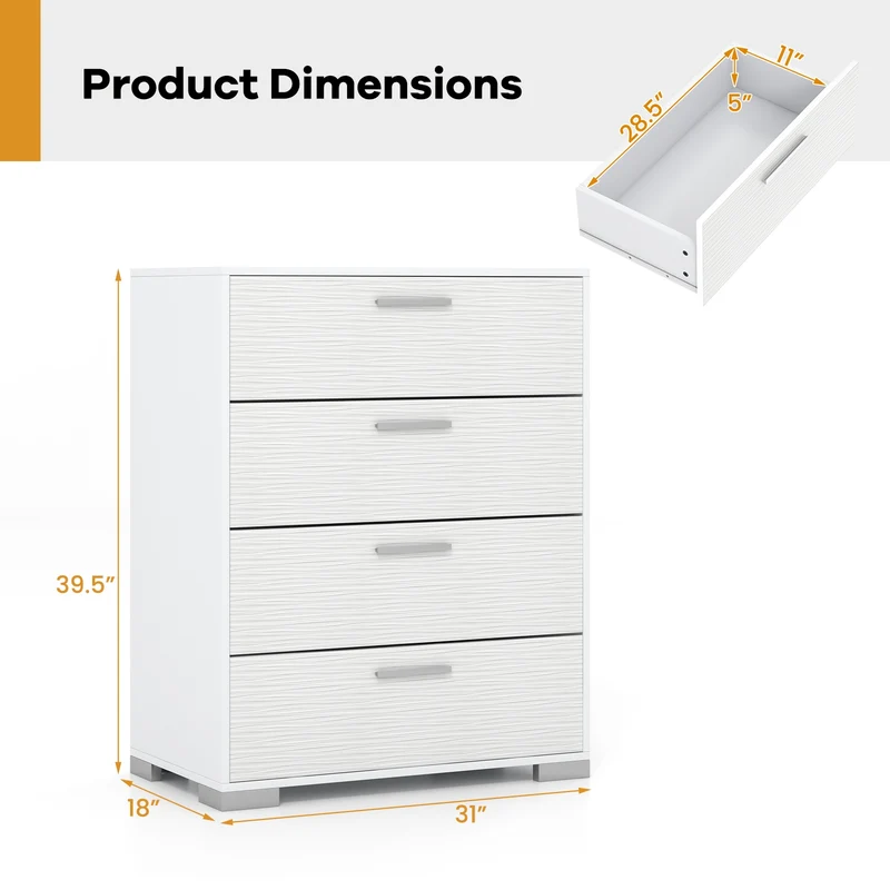 4 Drawer Storage Cabinet, Metal Legs Handles, White