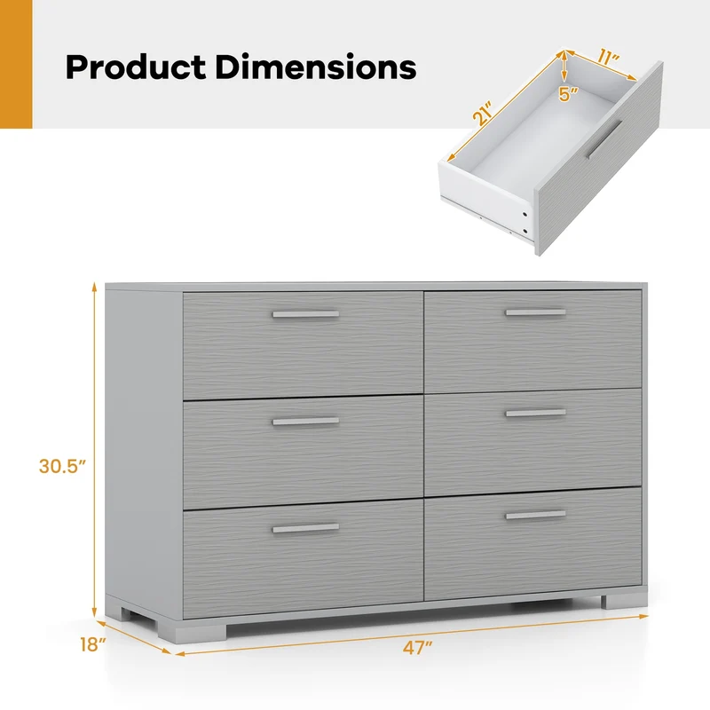 6 Drawer Storage Cabinet, Metal Legs, Anti-Toppling, Gray