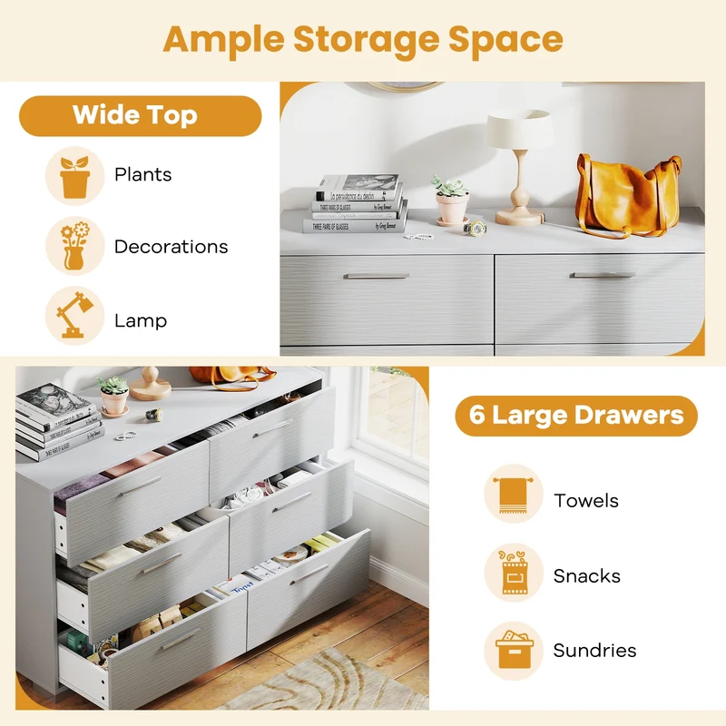 6 Drawer Storage Cabinet, Metal Legs, Anti-Toppling, Gray