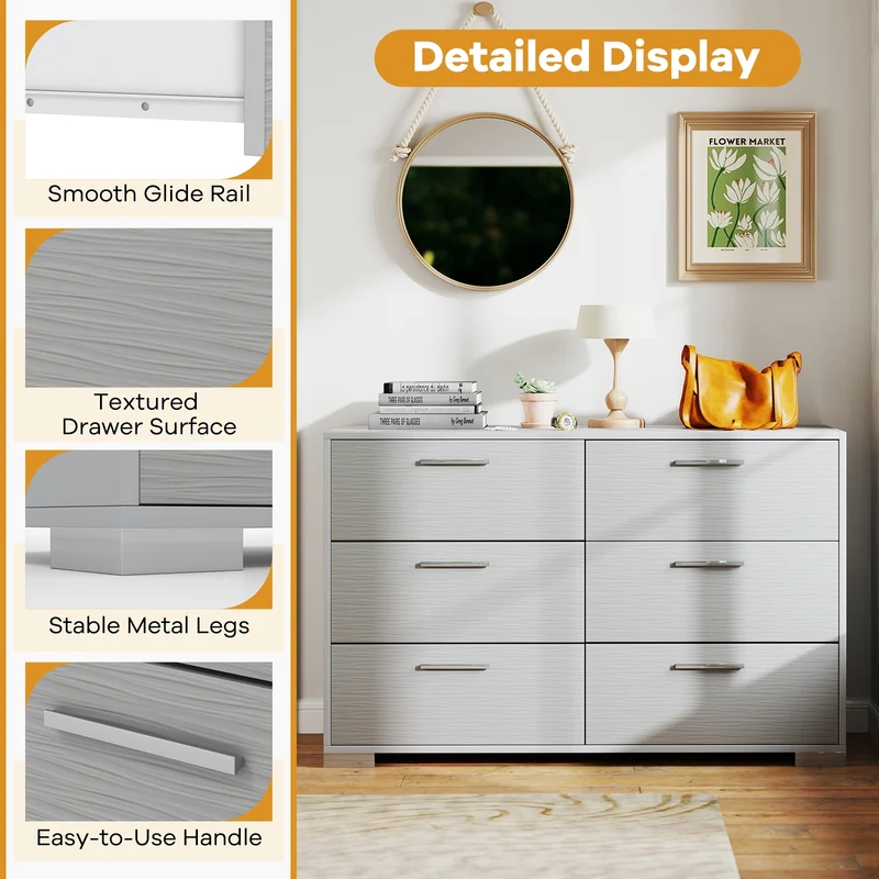 6 Drawer Storage Cabinet, Metal Legs, Anti-Toppling, Gray