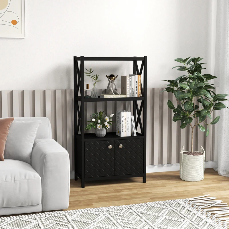 Bathroom Storage Cabinet, Double Doors, Open Shelves, Black