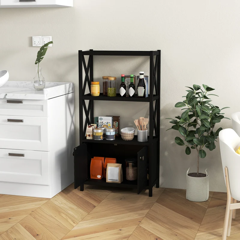 Bathroom Storage Cabinet, Double Doors, Open Shelves, Black